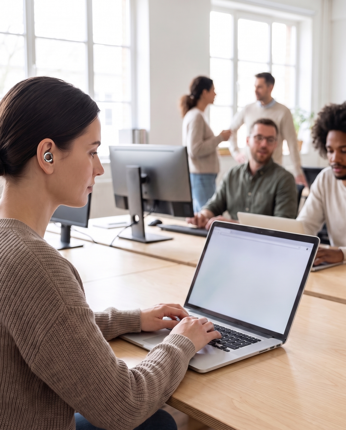 Working in an open-plan office wearing Metal Edition earplugs