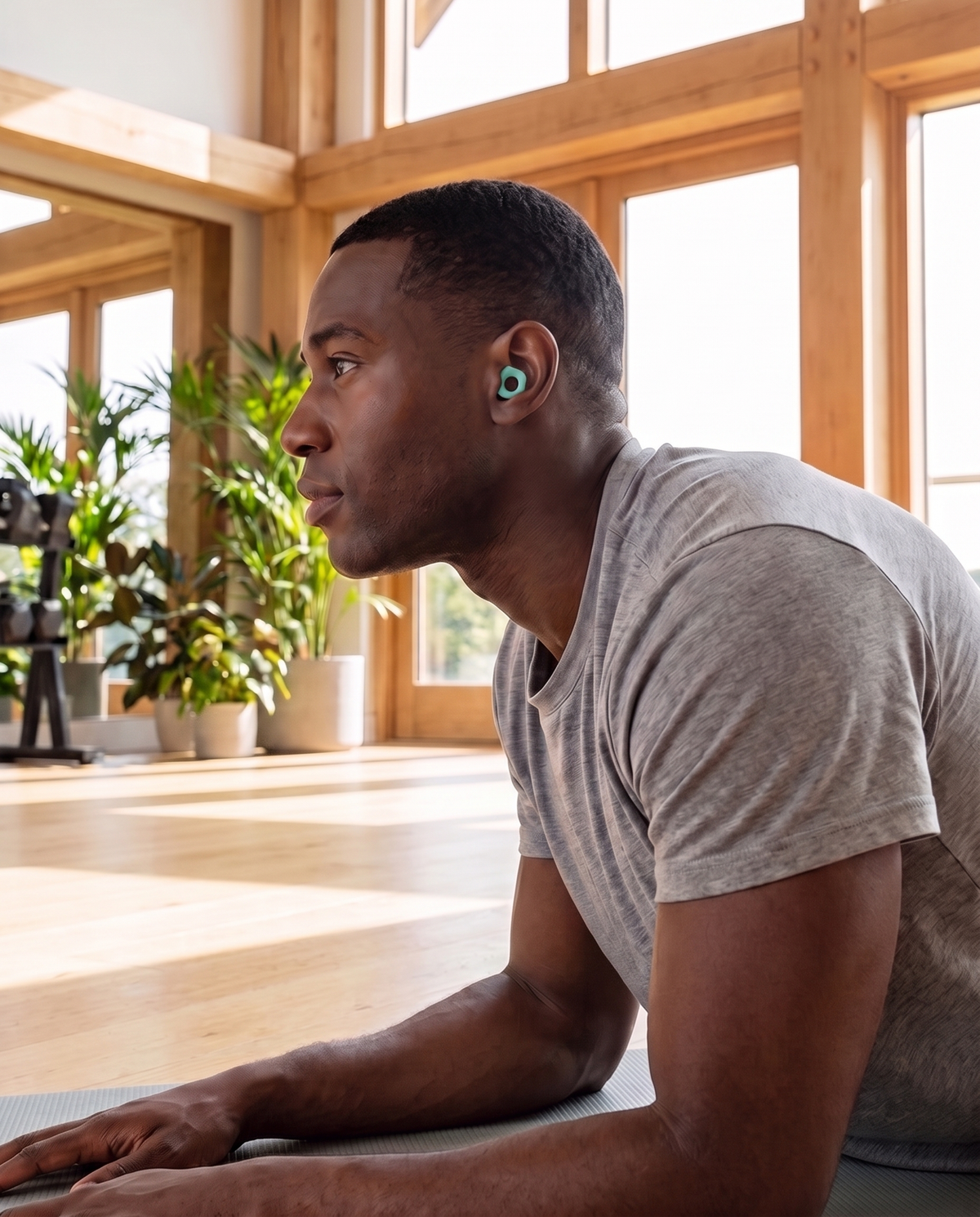 Between sets at the gym wearing Silicone earplugs