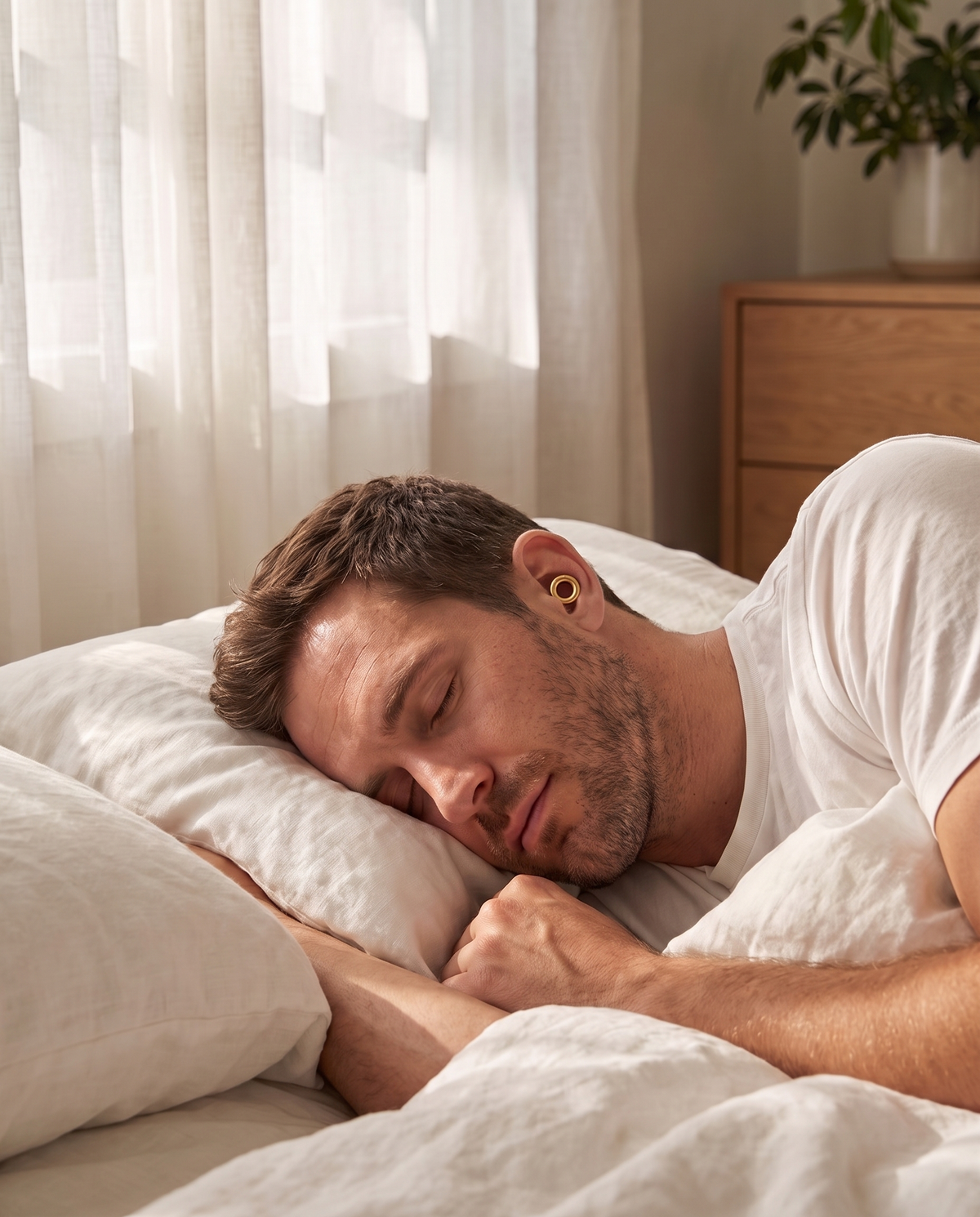 Side sleeper wearing Metal Edition earplugs