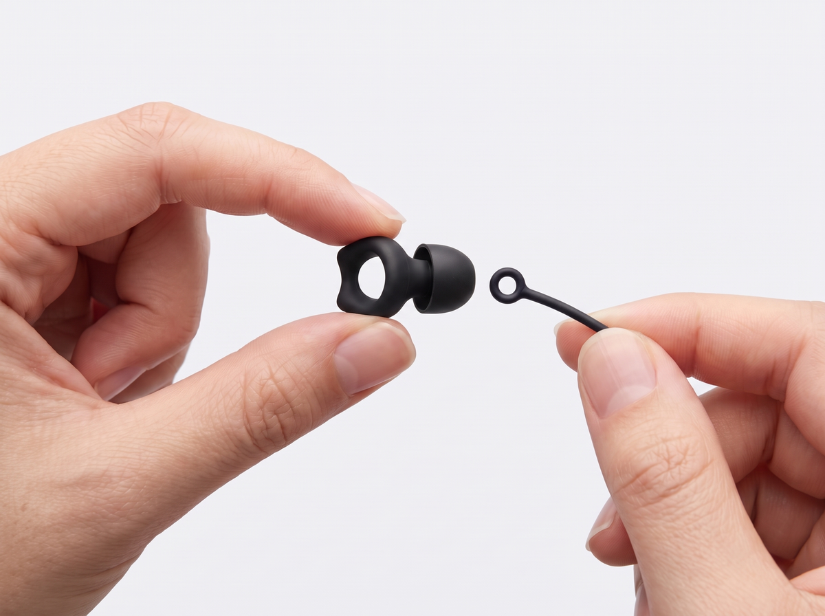 Line up the lanyard's silicone ring with the earplug tip
