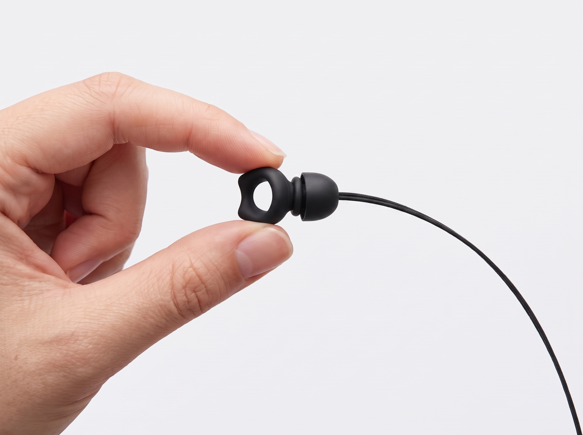 Lanyard ring seated around the earplug's neck, behind the tip