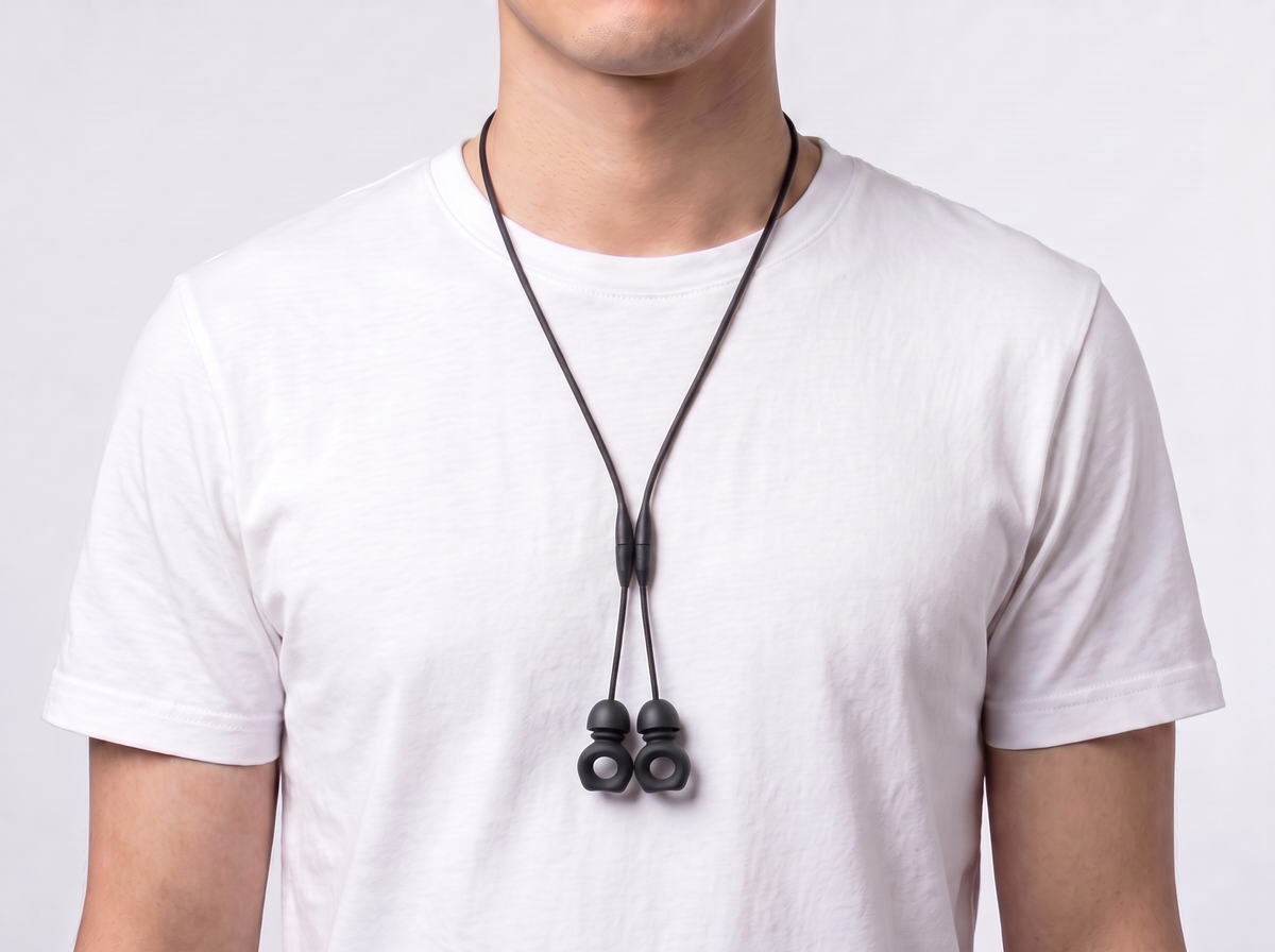Magnetic lanyard worn around the neck, magnets joined, earplugs attached by the neck