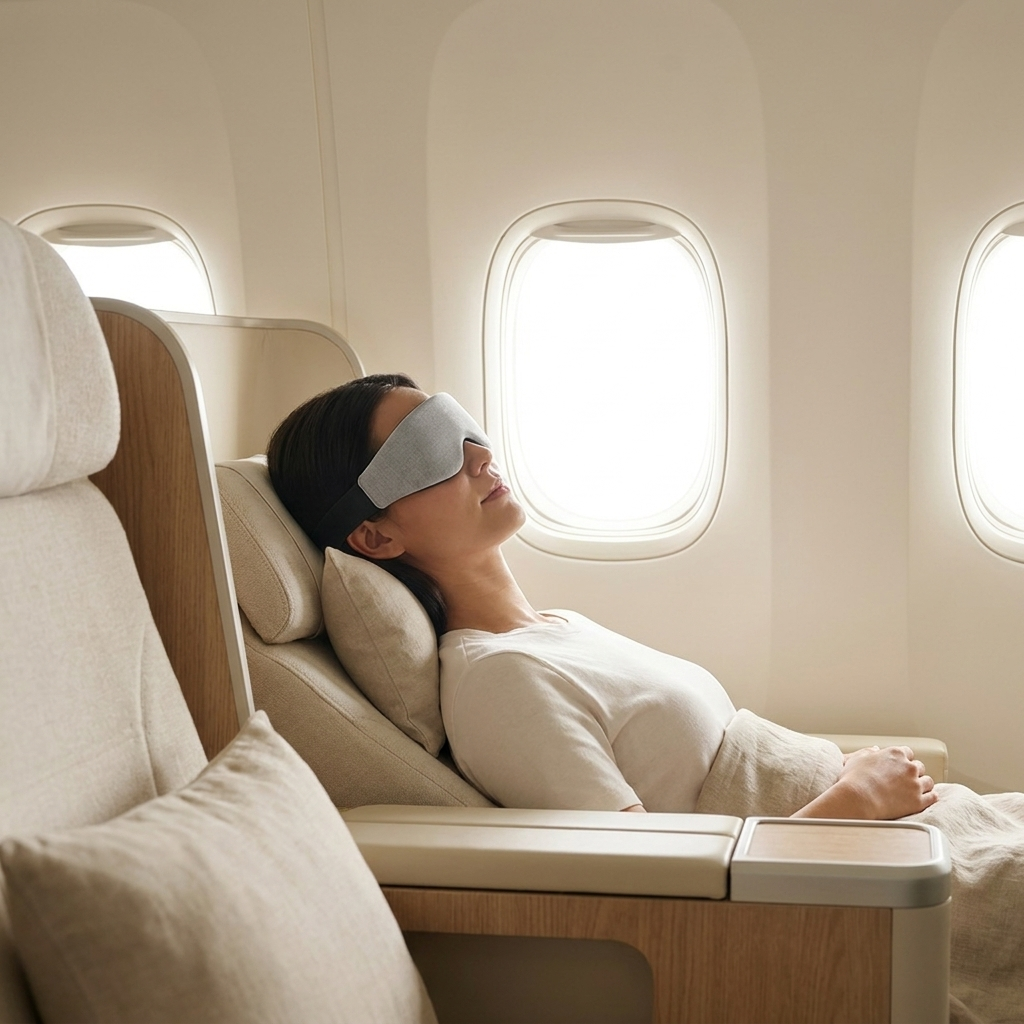 Traveller asleep in an aircraft seat wearing the Day Sleep Kit mask on a long-haul flight