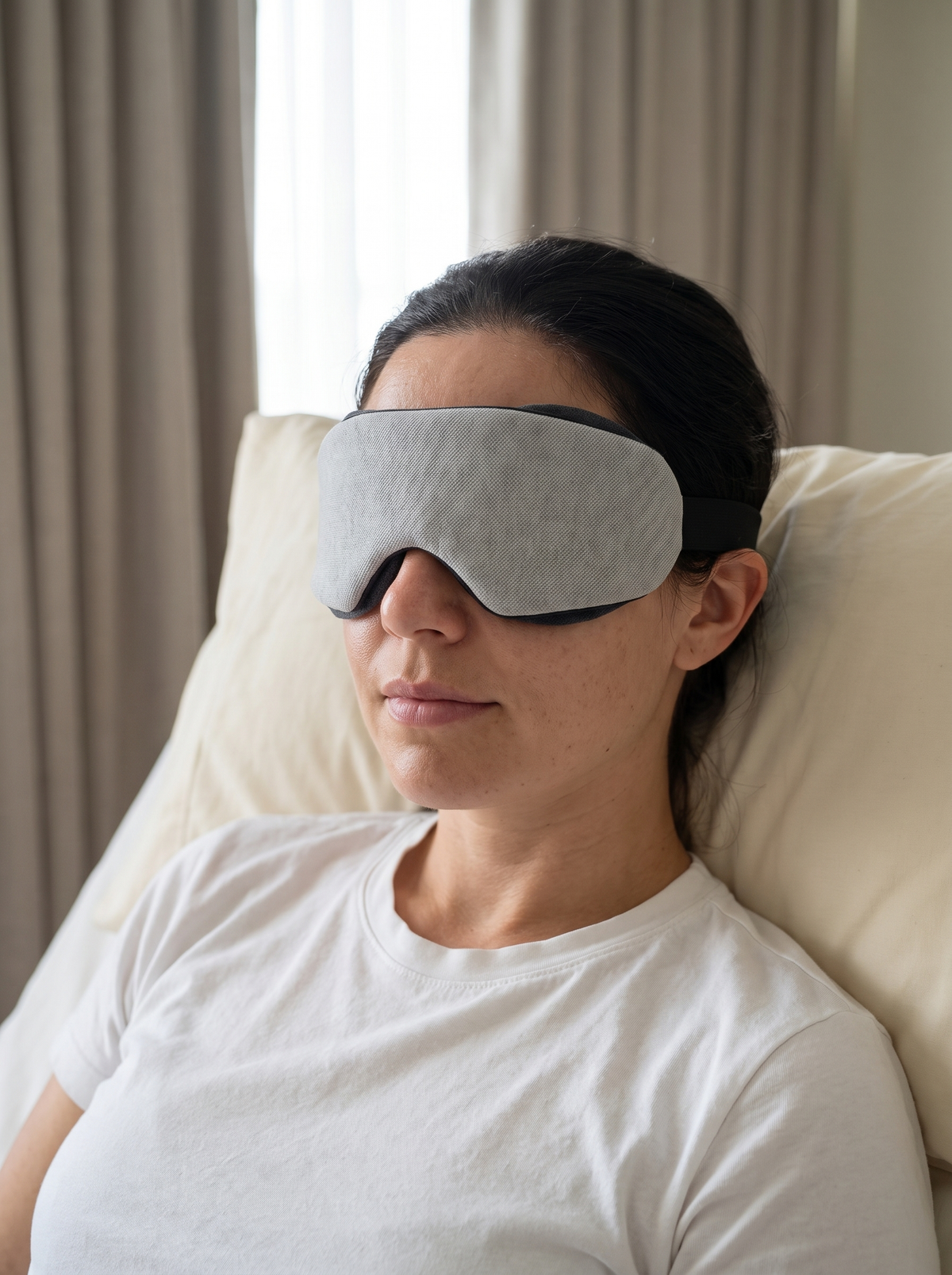 DAYBLIND 3D Contour Blackout Mask worn sitting up in a hotel bed with curtains half open