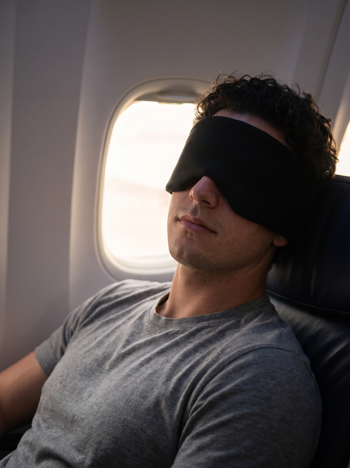 DAYBLIND Cotton Sleep Wrap worn in a plane window seat, cabin dimmed