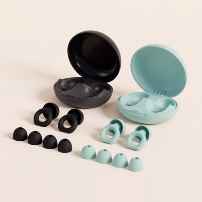 Two DAYBLIND earplug sets, black and blue, each with its case, earplugs and spare tips: 2 pairs for A$39